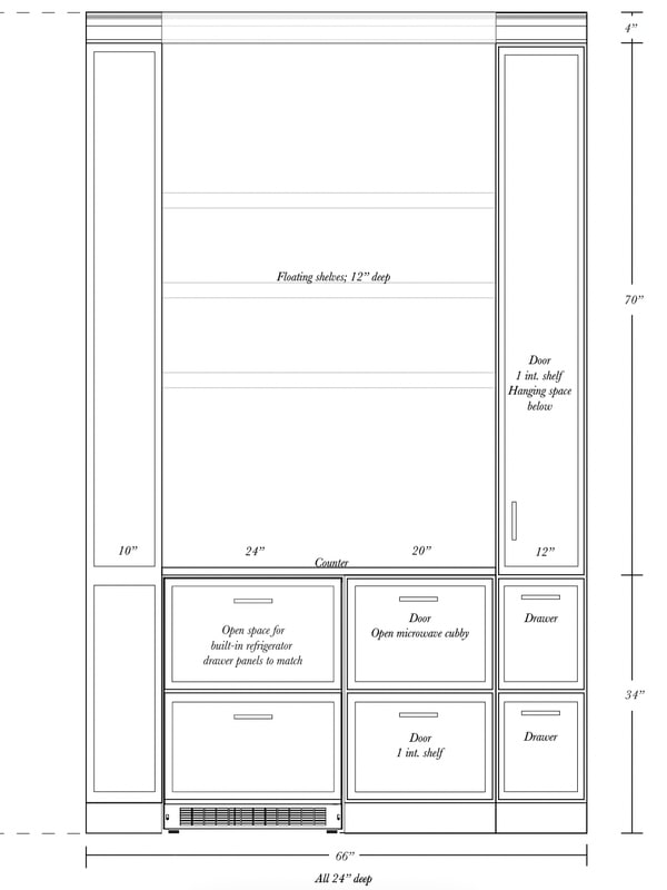 An elevation drawing of a kitchenette cabinetry run, labelled with door, drawer and shelf dimensions.